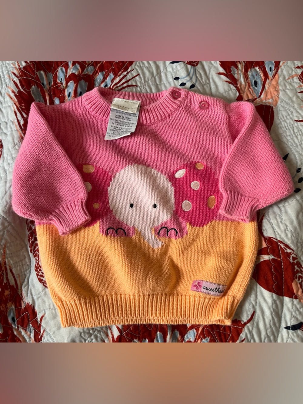 Vintage(2003)Pink & Orange Baby Sweater with Cute Elephant motif:)